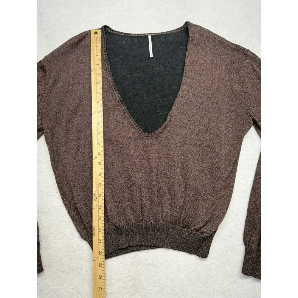 Free People Pullover Sweater Gold Dust Shimmer Deep VNeck Size Medium Linen